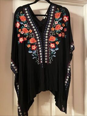Black V-Neck Embroidered Floral Tunic